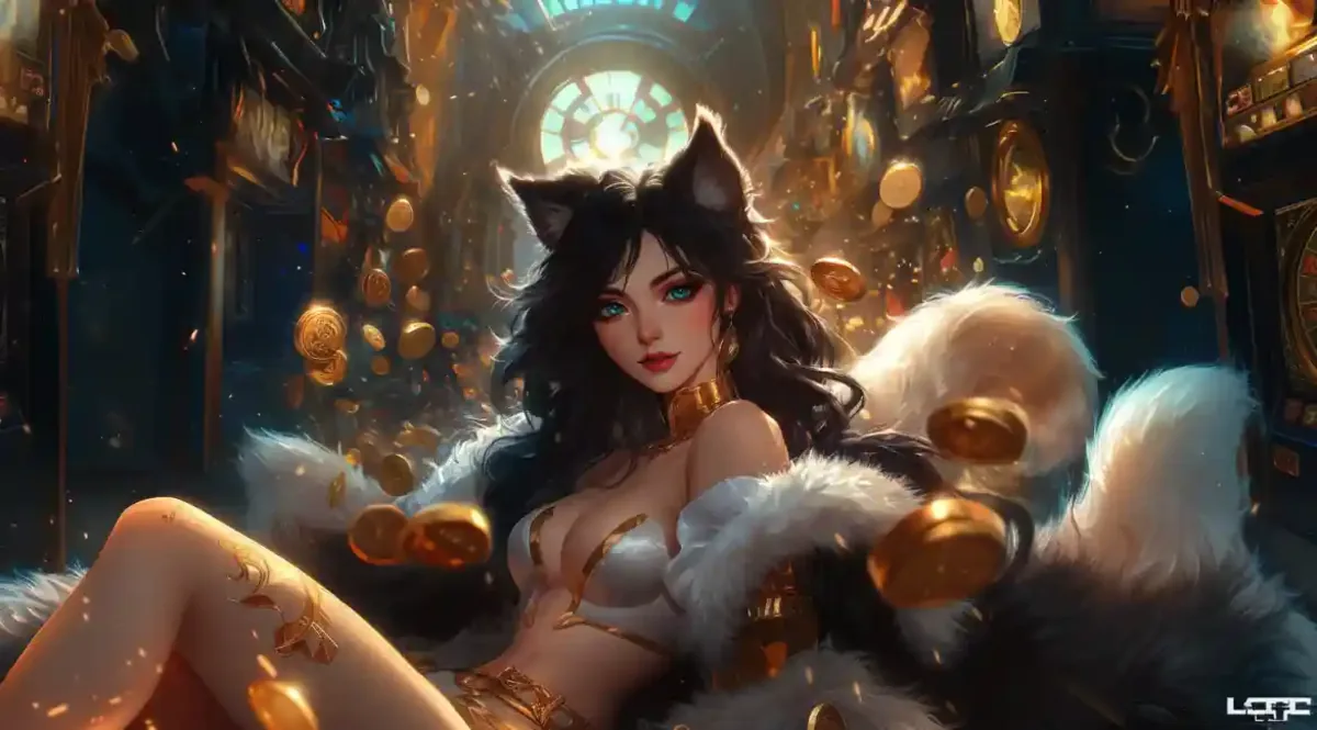 Fantasy cat girl character surrounded by golden coins in luxurious casino setting
