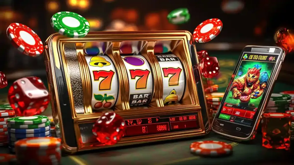Classic 777 slot machine with casino chips dice and mobile gaming app